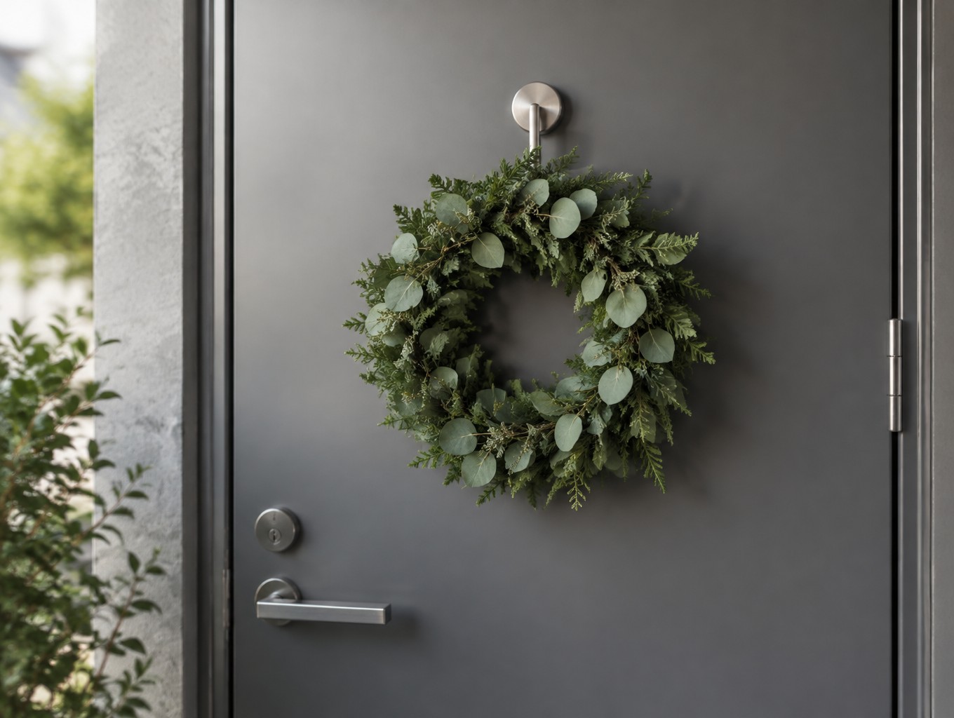 Green wreath on a magnetic hook on a steel door
