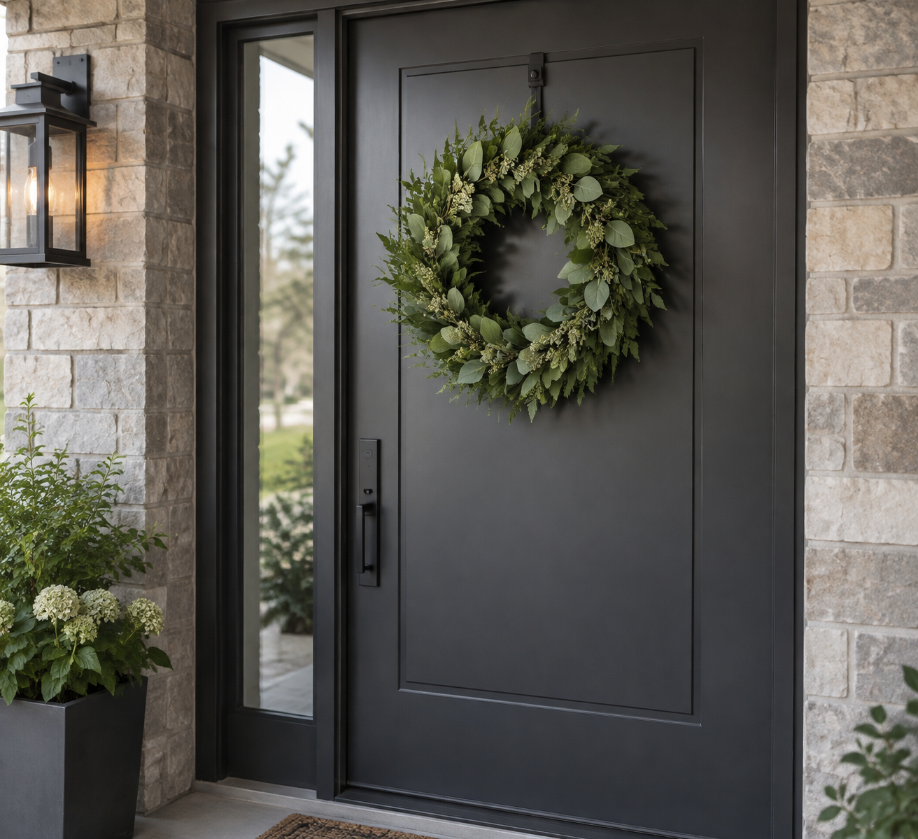 Green wreath on a magnetic hook on a steel door