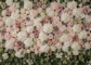 Grid flower wall panel being filled with artificial flower heads at graduated density
