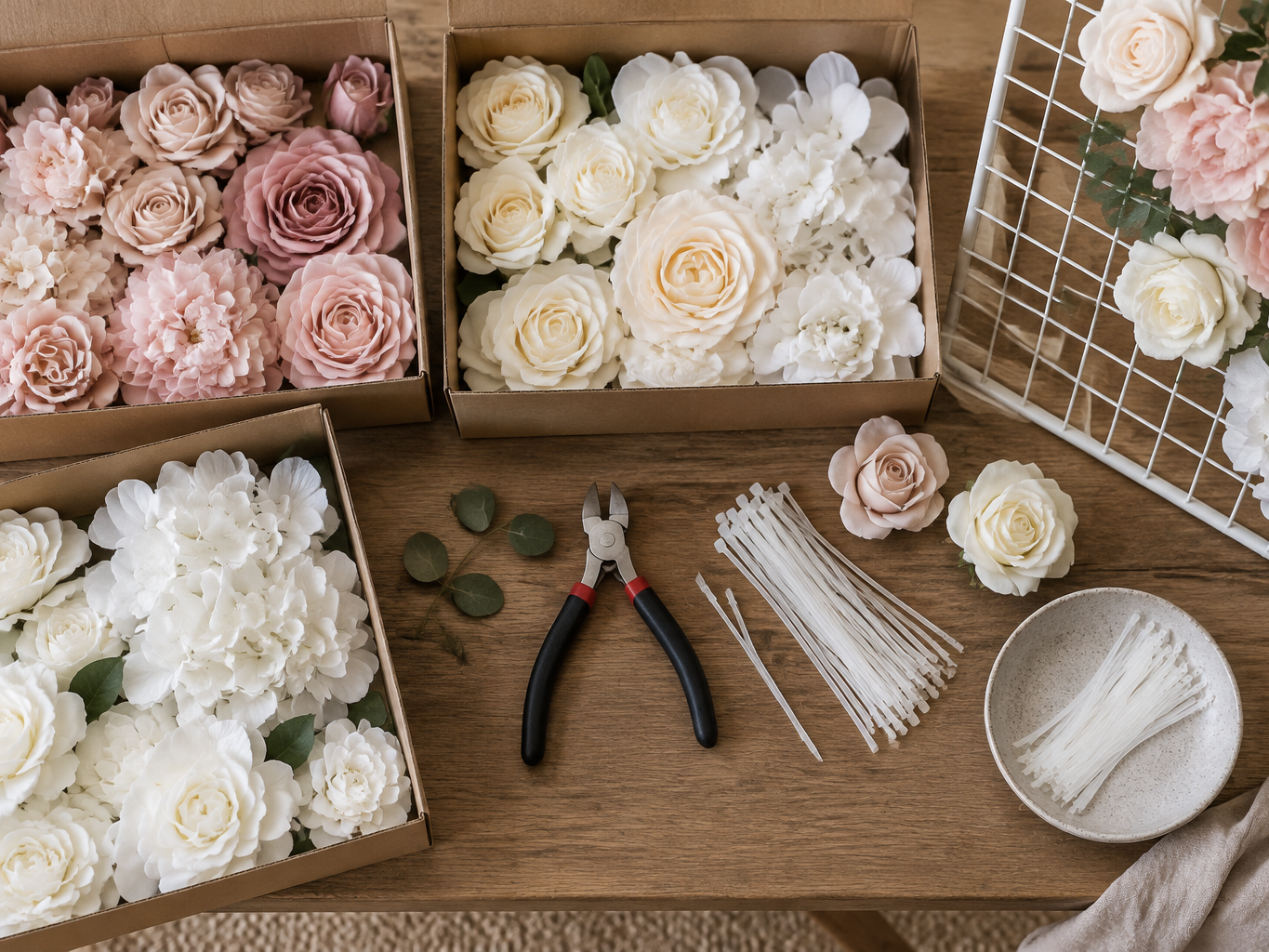 Stem heads and wire cutters laid out beside a partially filled flower wall panel