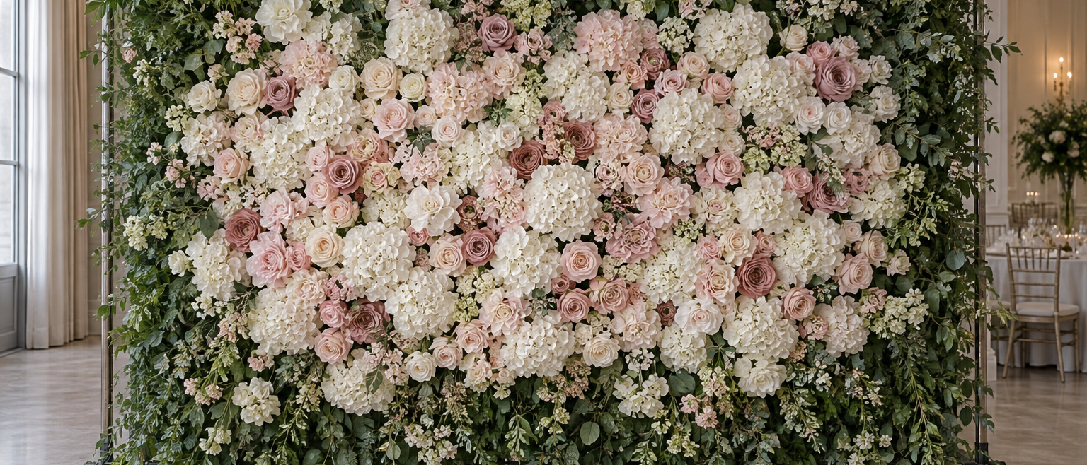 Grid flower wall panel being filled with artificial flower heads at graduated density
