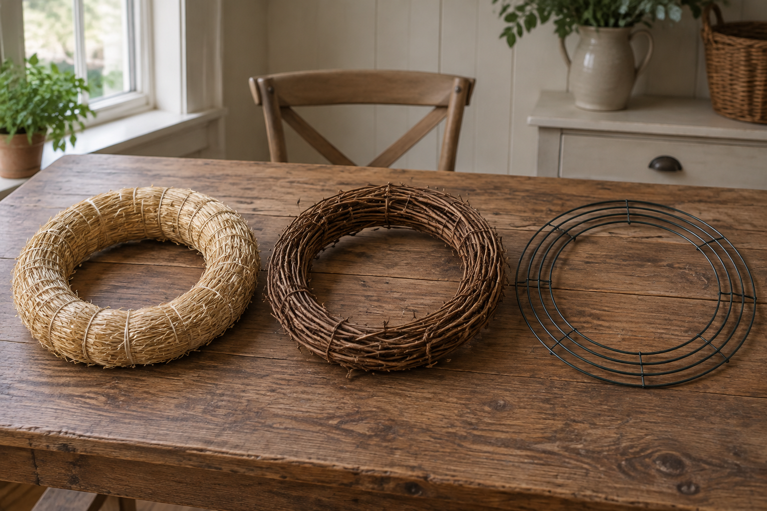 Straw, grapevine and wire frame wreath bases side by side