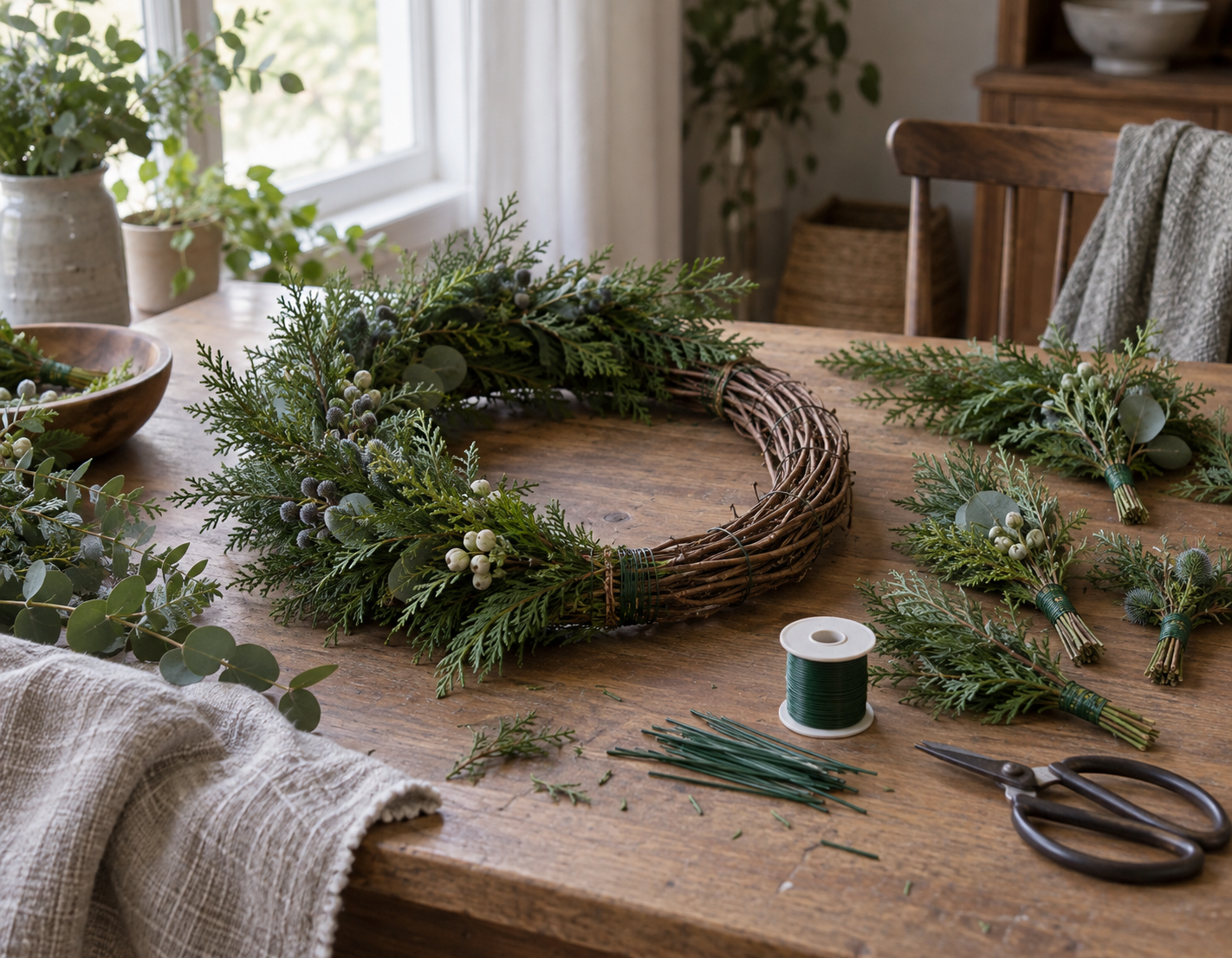 Half-finished wreath with wired greenery bundles on a work table