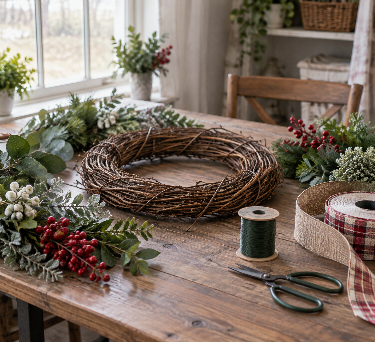 Wreath making supplies with grapevine base, wire and greenery on a table