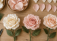 Handmade crepe paper flower petals and finished stems laid out on a craft table with wire and tape