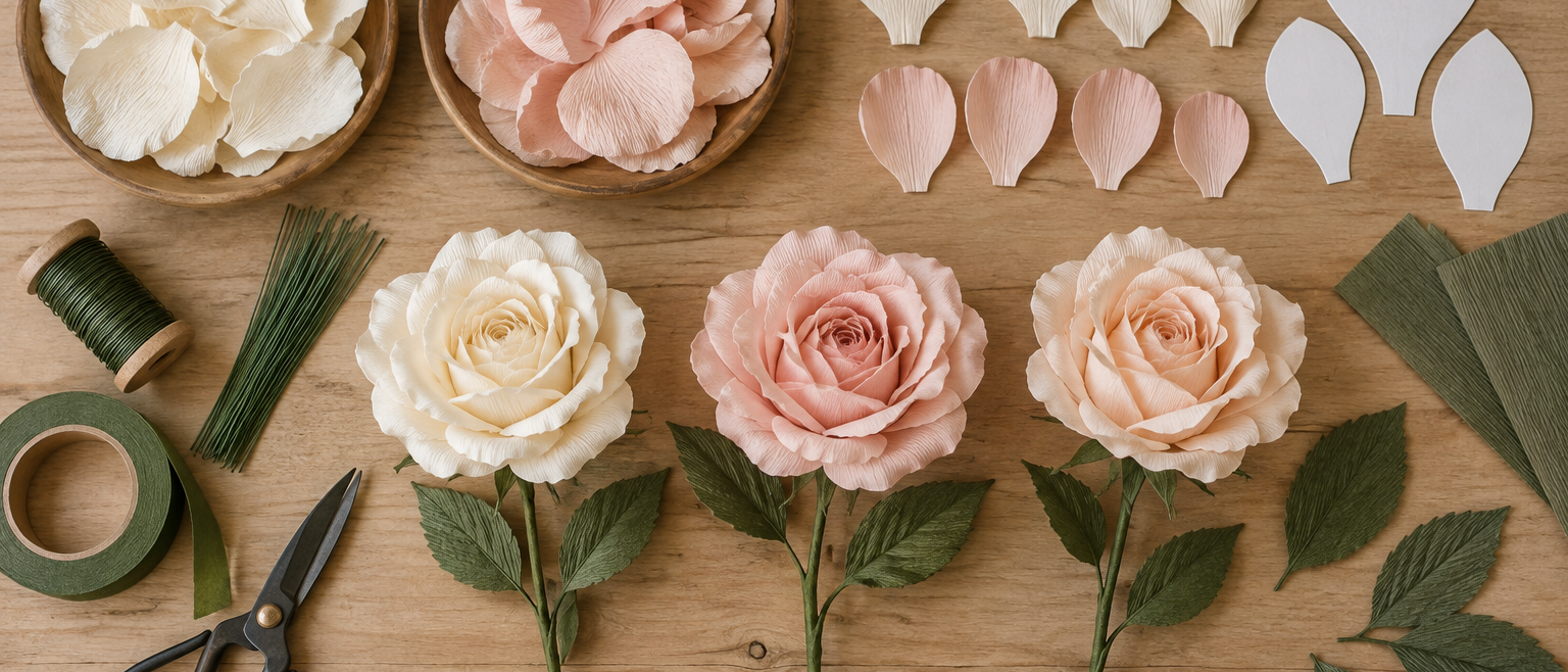 Handmade crepe paper flower petals and finished stems laid out on a craft table with wire and tape
