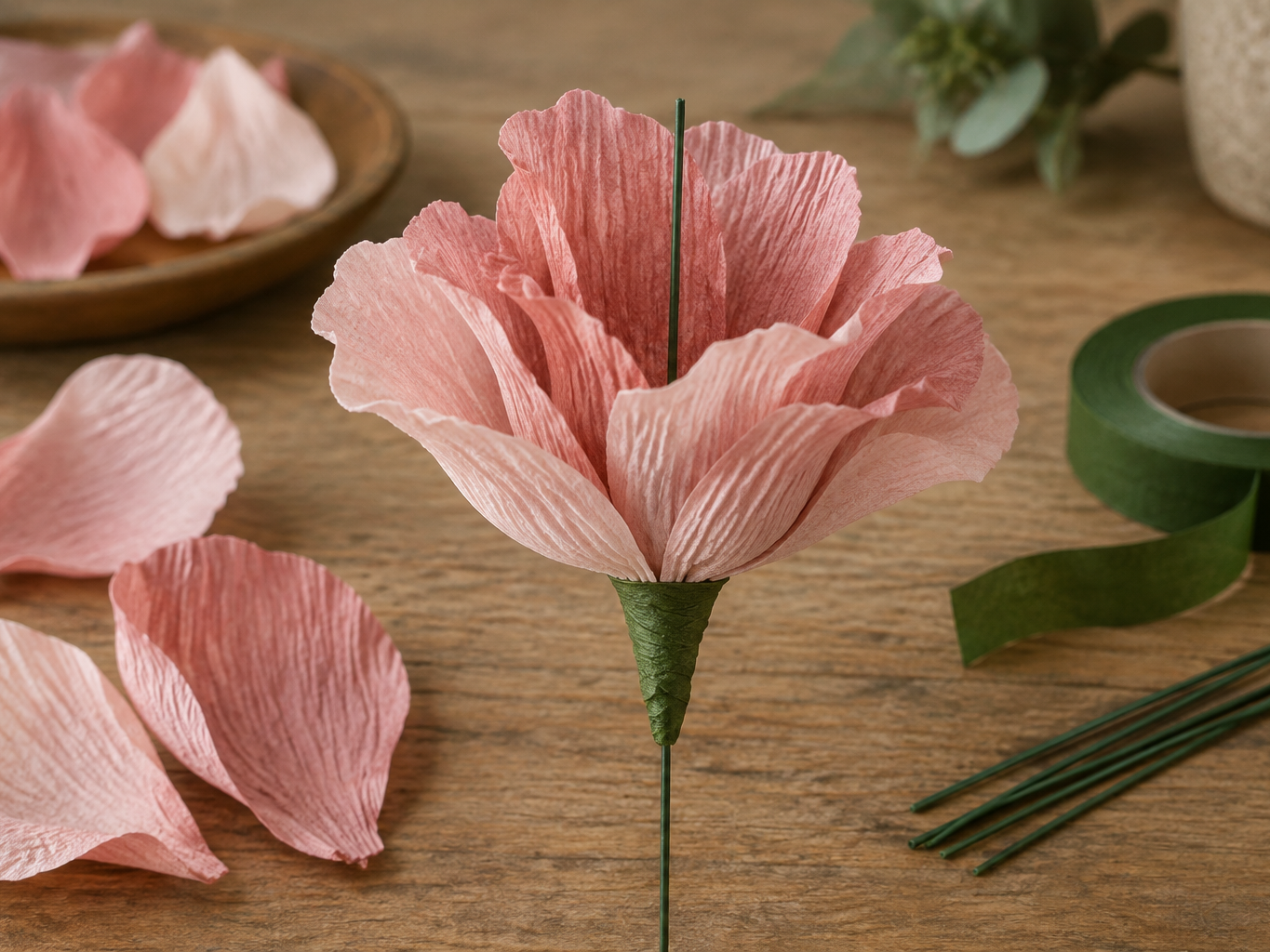 Layered paper petals being wrapped onto a wire stem center