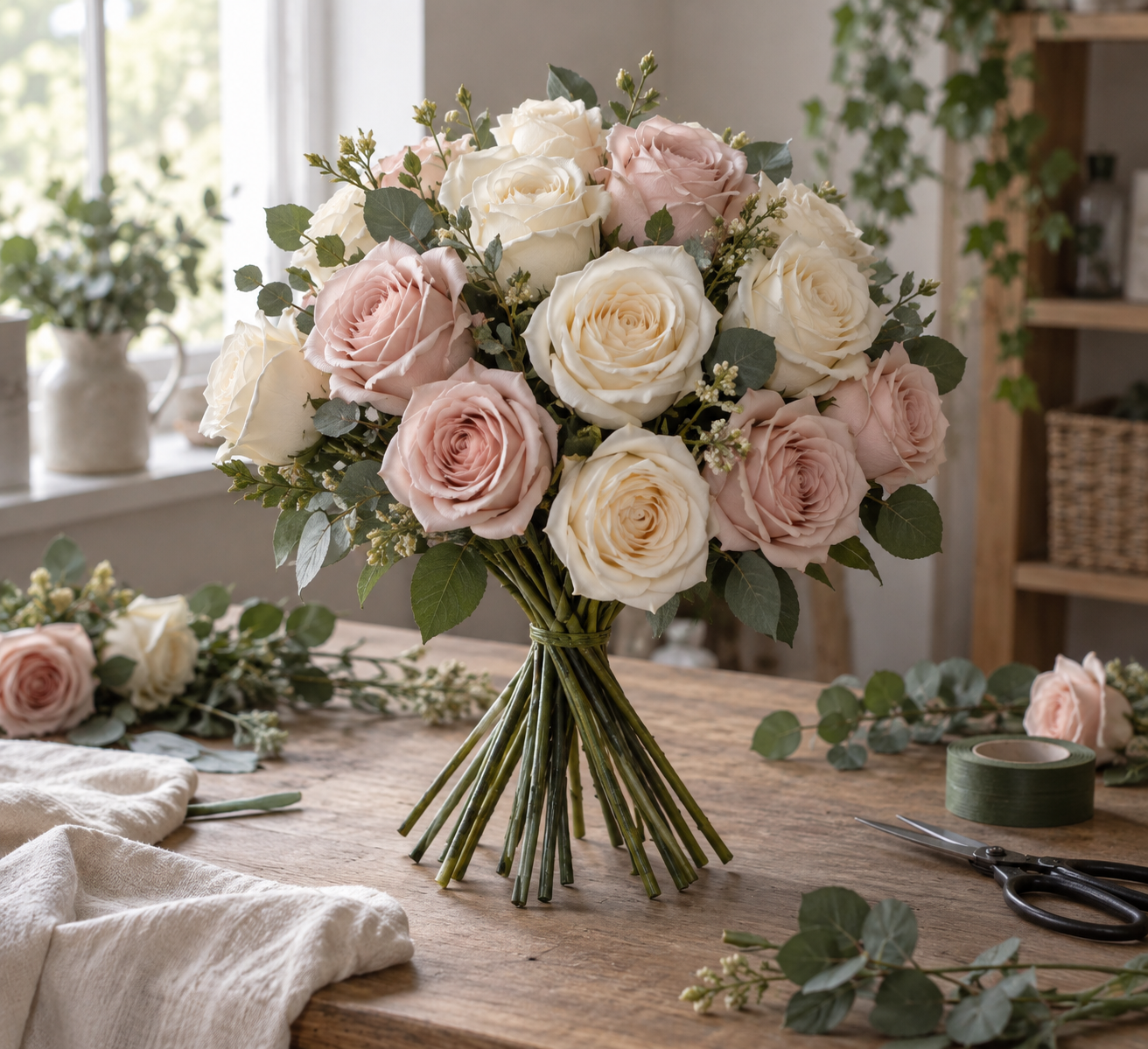 Cream and blush artificial roses in a spiral mid-assembly