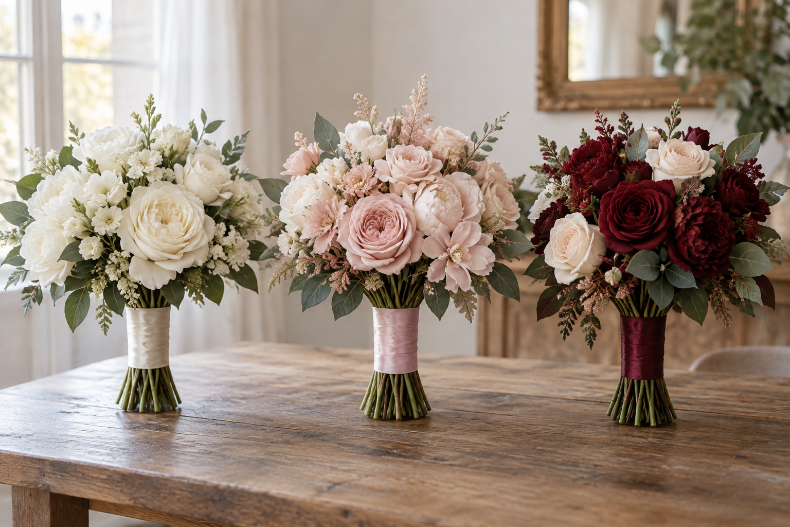 Three artificial wedding bouquets in white, blush and burgundy