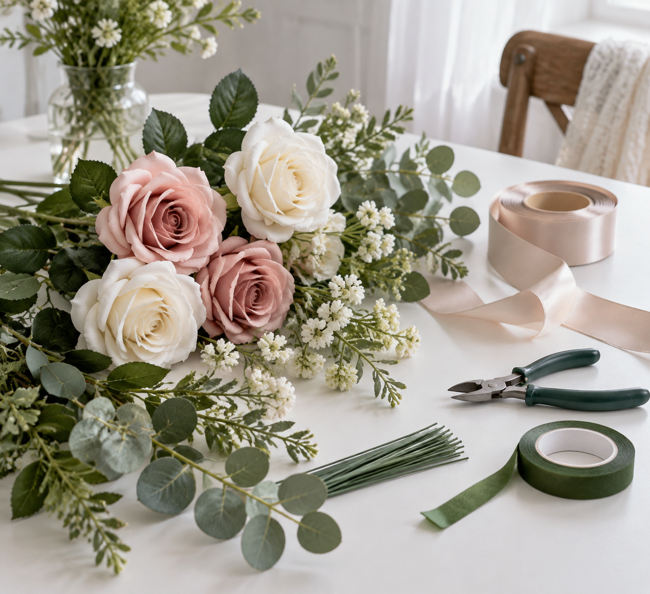 Artificial wedding bouquet materials with roses, ribbon and tape laid flat