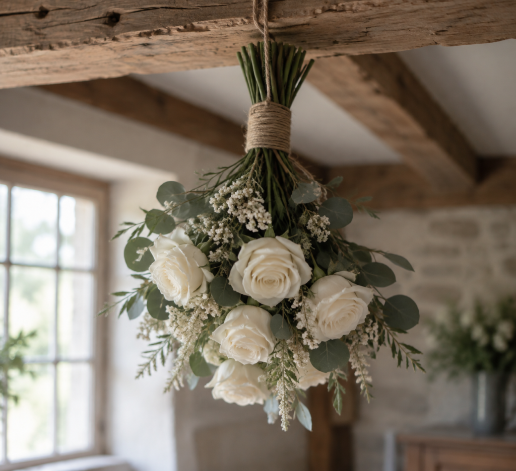 Cream rose bouquet hanging upside down from a wooden beam