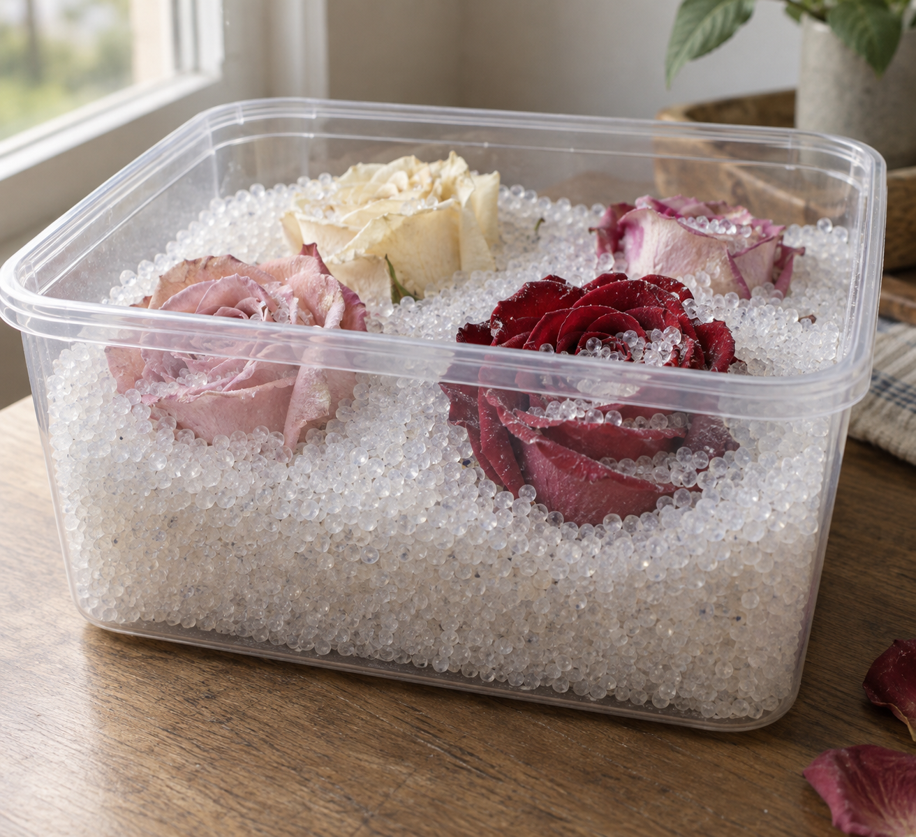 Rose blooms in white silica gel crystals in a clear container