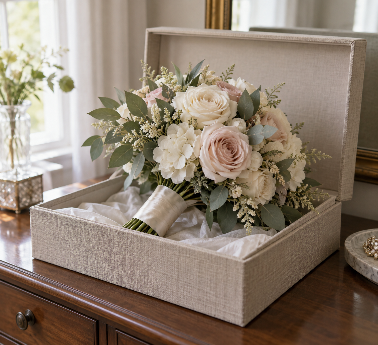 Artificial silk wedding bouquet kept in an open keepsake box