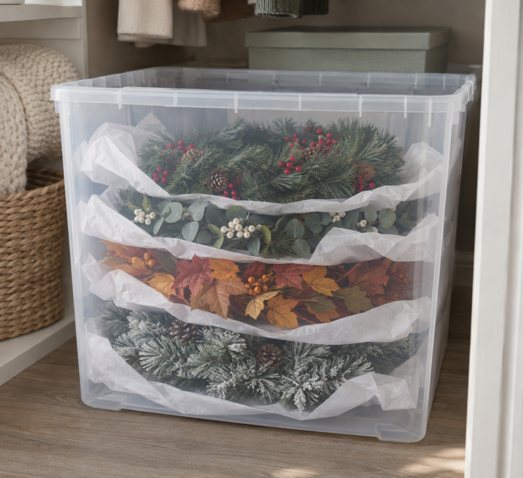 Artificial wreaths stacked in a storage bin with tissue paper