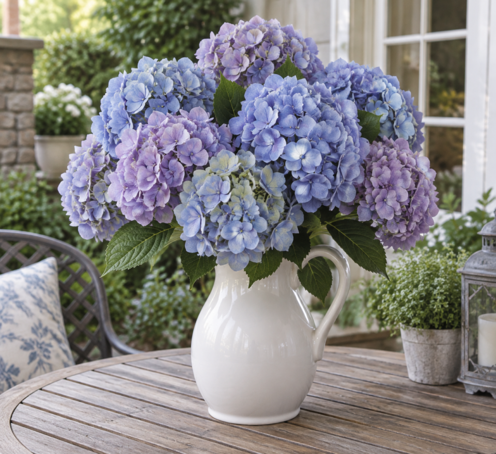 Artificial blue and lavender hydrangeas in a white ceramic pitcher