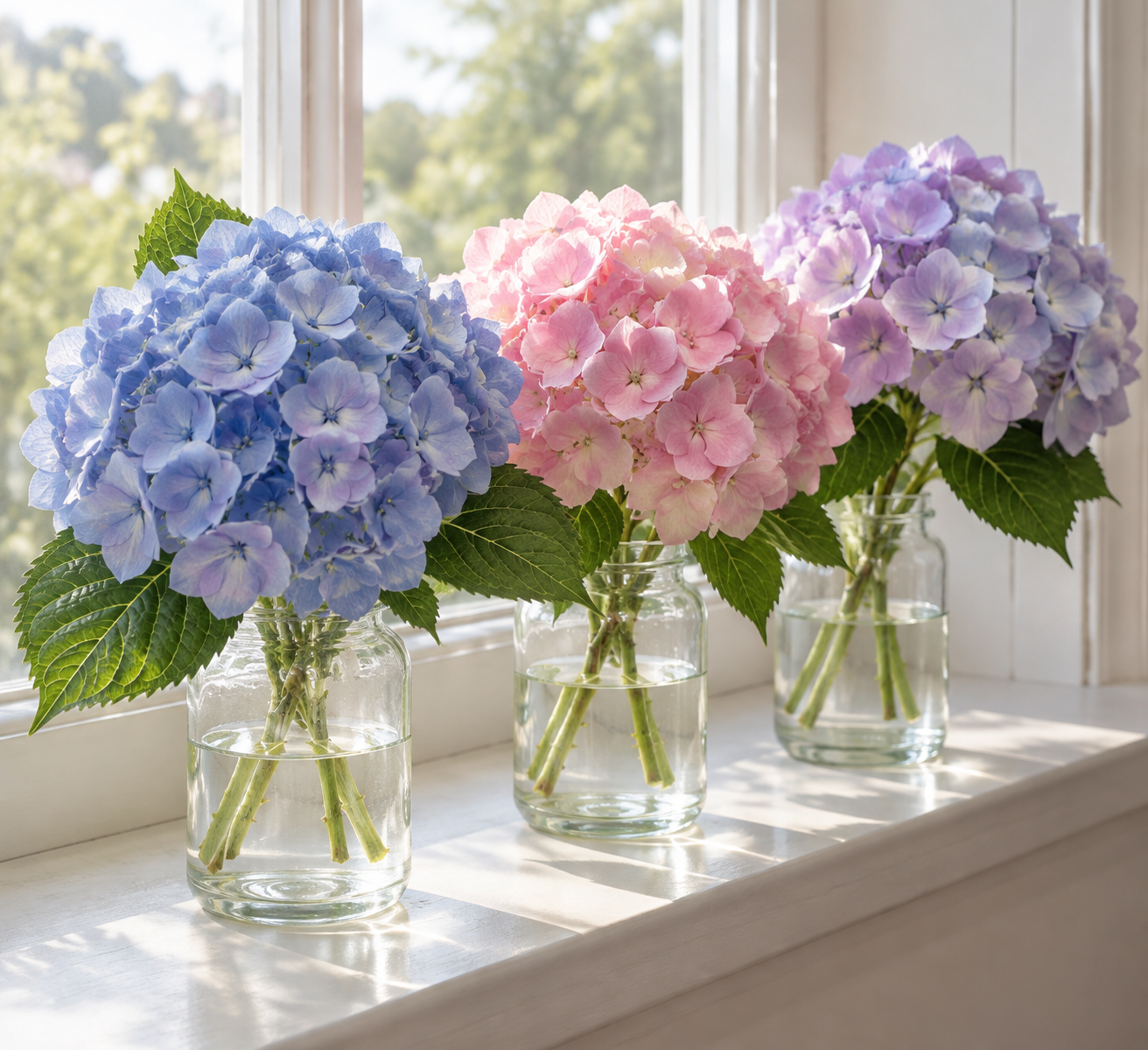 Artificial hydrangeas in blue, pink and violet in glass jars on a windowsill