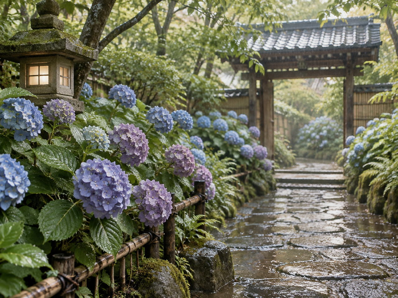 Blue and purple hydrangeas lining a quiet Japanese garden path in the rain season