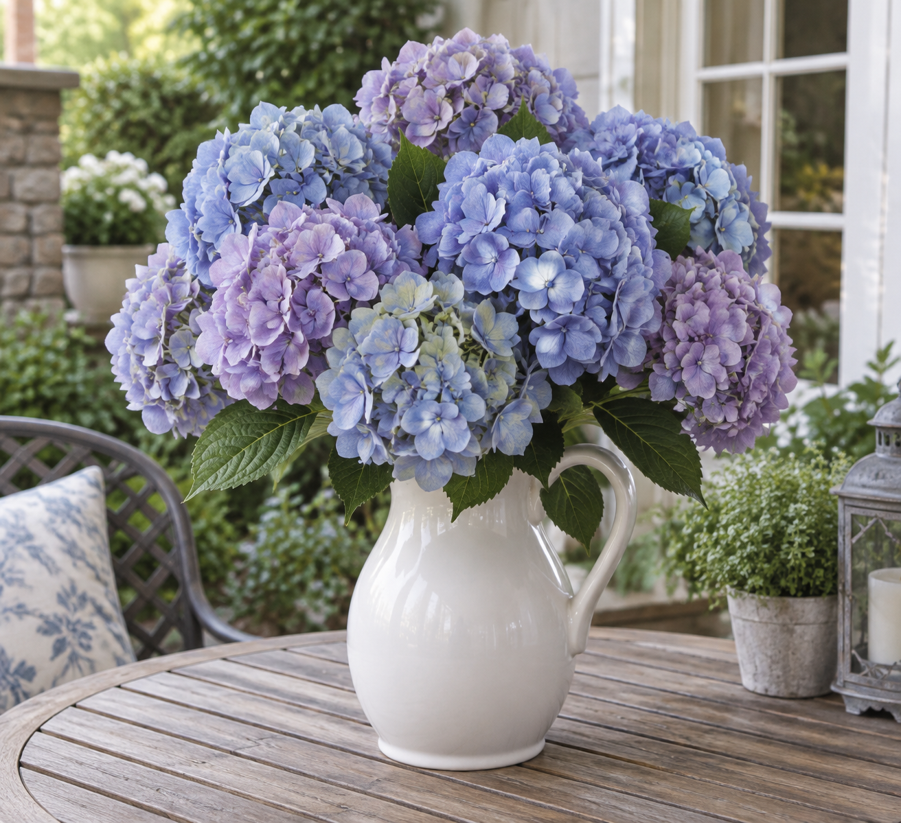 Artificial blue and lavender hydrangeas in a white ceramic pitcher