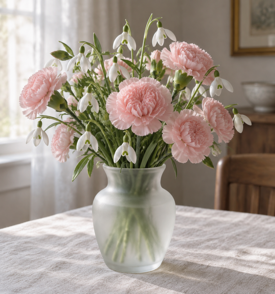 Artificial blush carnations and snowdrops in a frosted vase