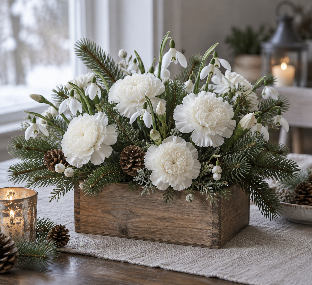 Artificial carnations and snowdrops with pine in a wooden box