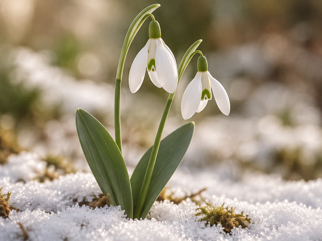 White snowdrop bells nodding above two green leaves above a light dusting of snow