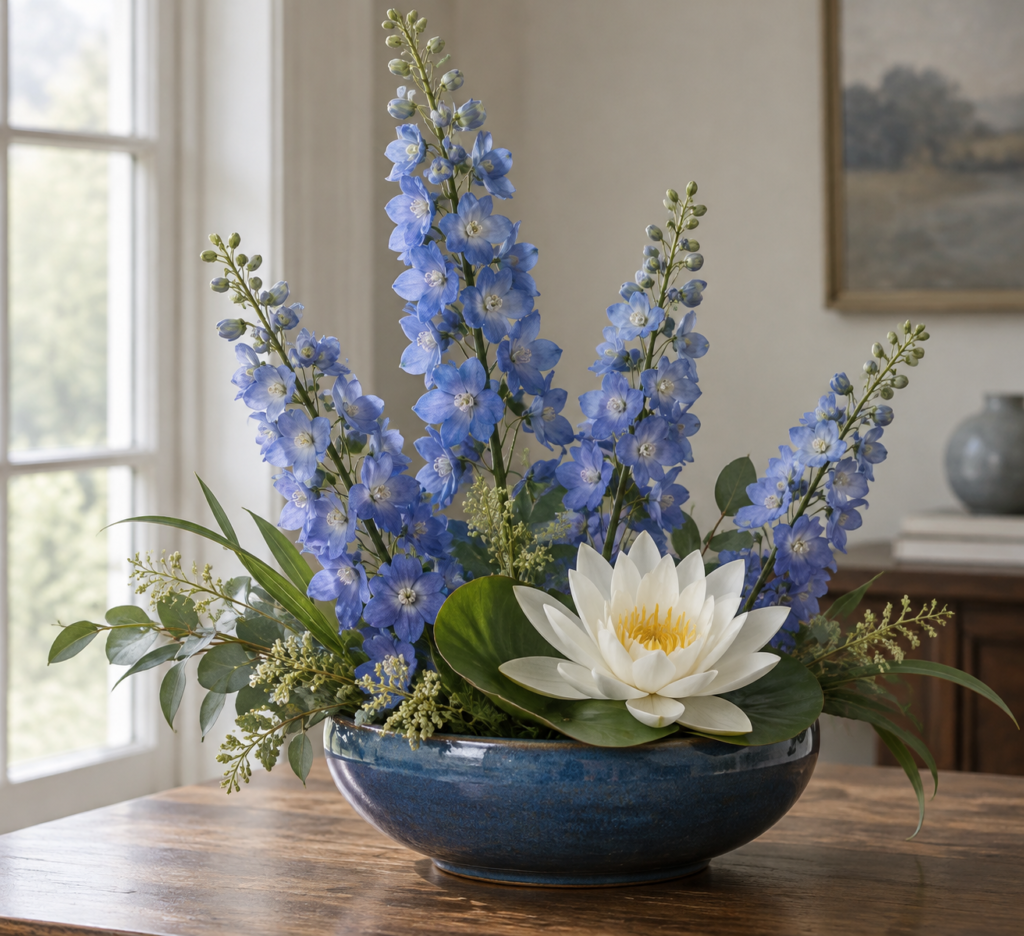 Artificial blue larkspur and white water lily in a blue bowl