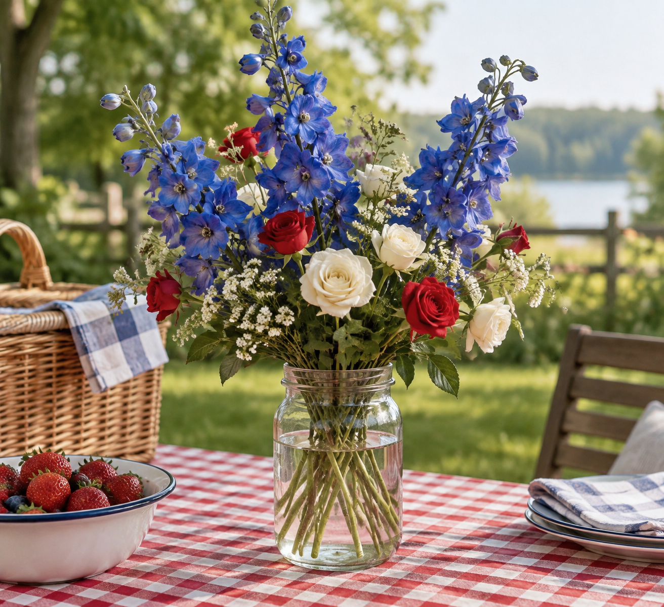 Red, white and blue artificial flowers in a jar for summer
