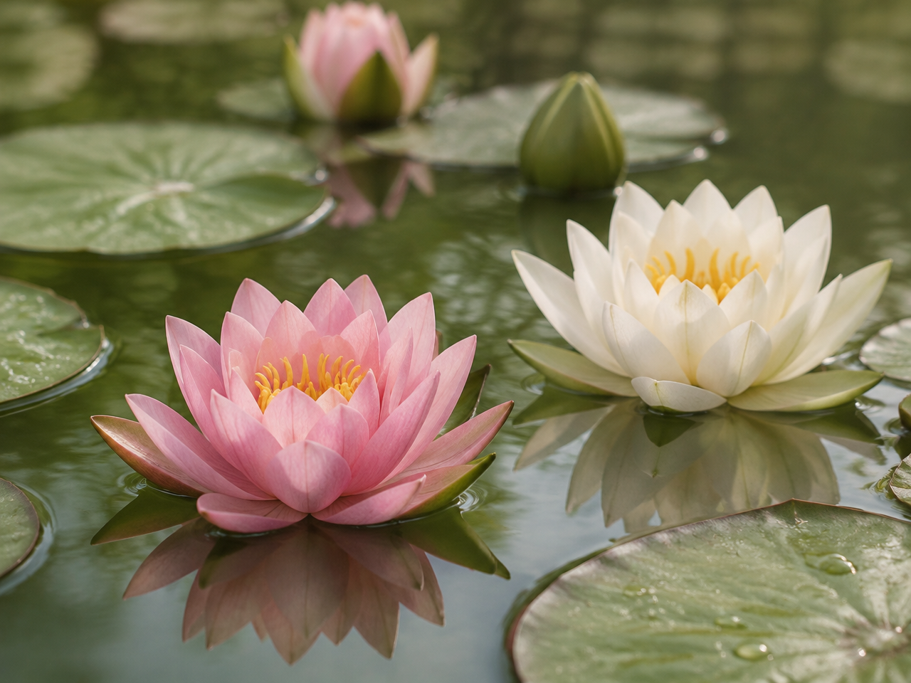 Pink and white water lilies floating on still green water, the secondary July birth flower