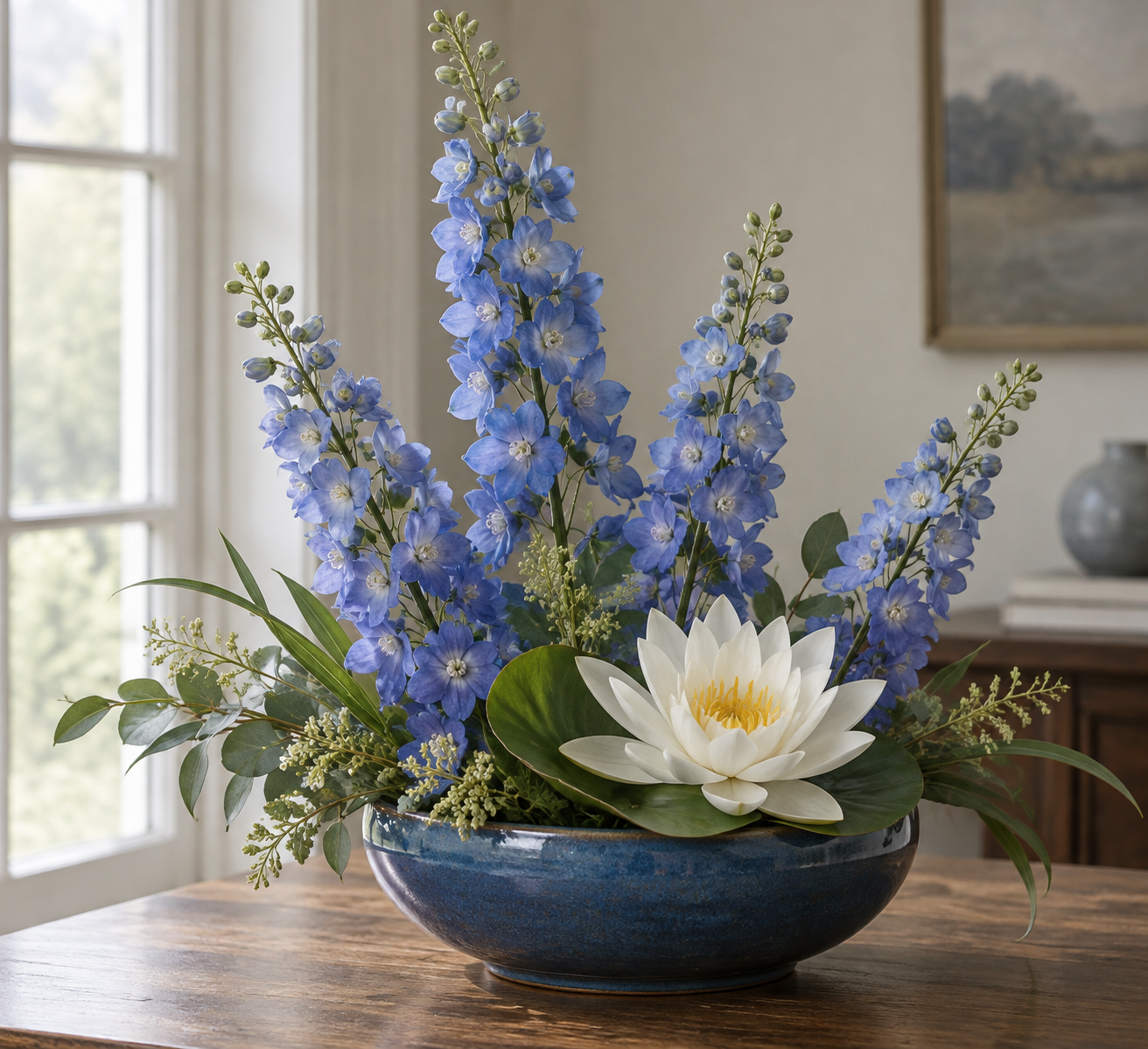 Artificial blue larkspur and white water lily in a blue bowl