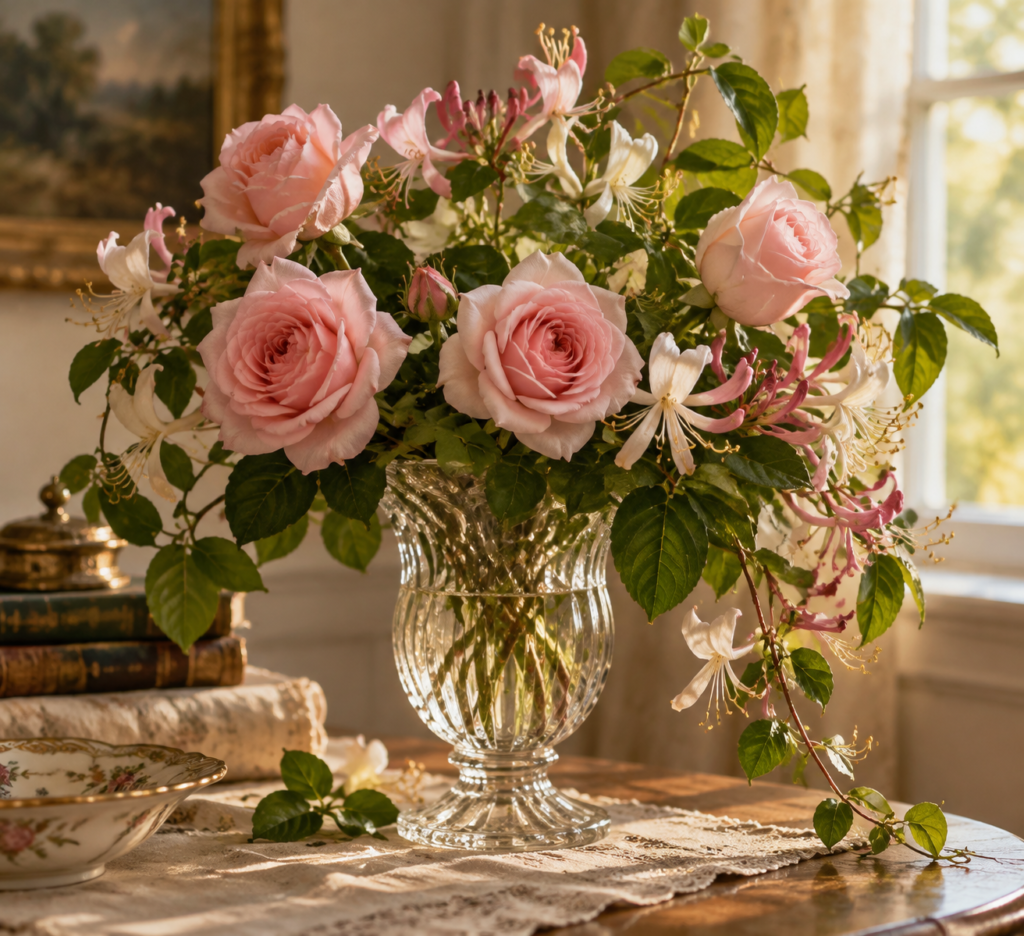 Artificial blush roses and honeysuckle vines in a vintage vase