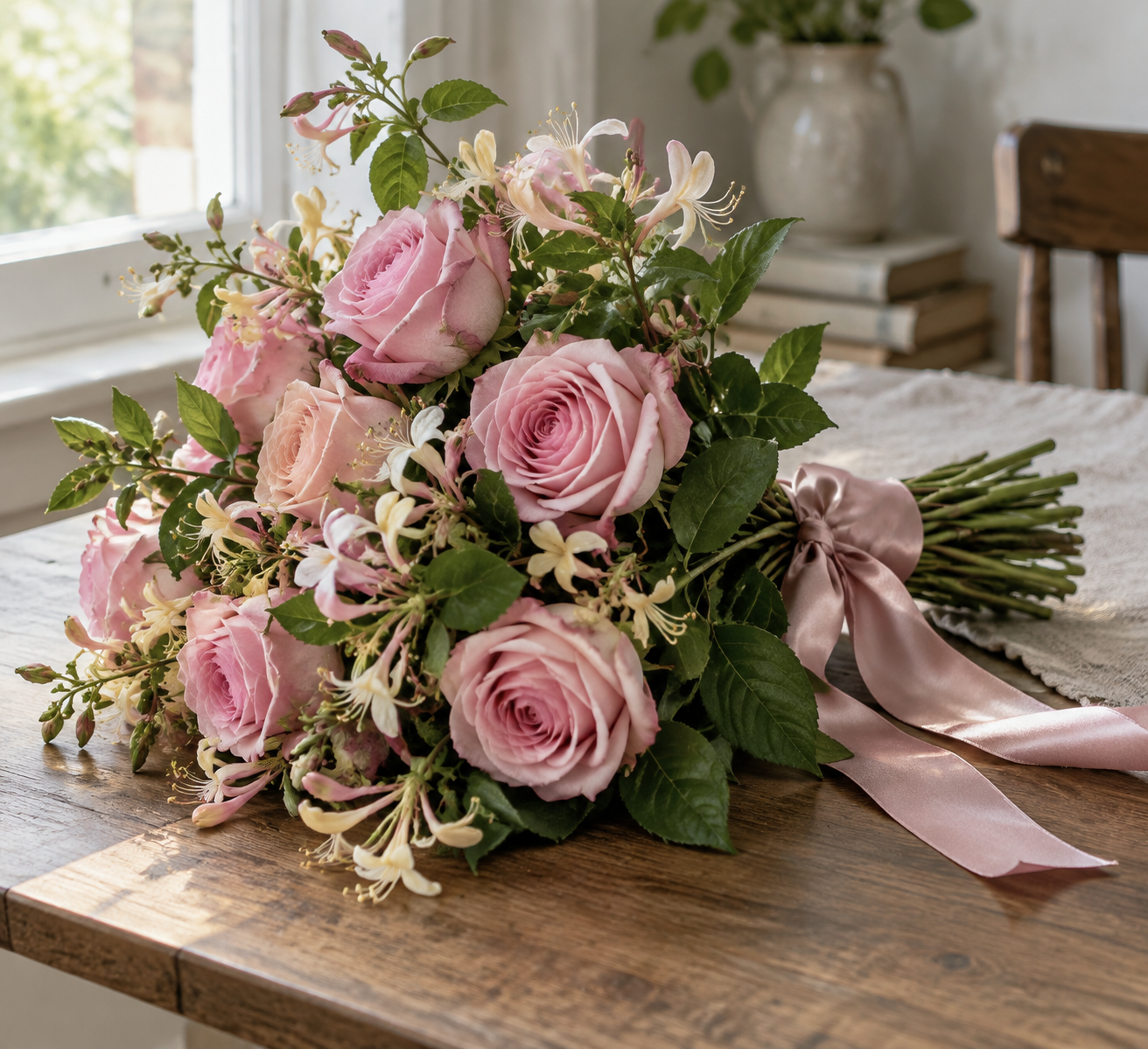 Hand-tied artificial pink roses and honeysuckle with satin ribbon