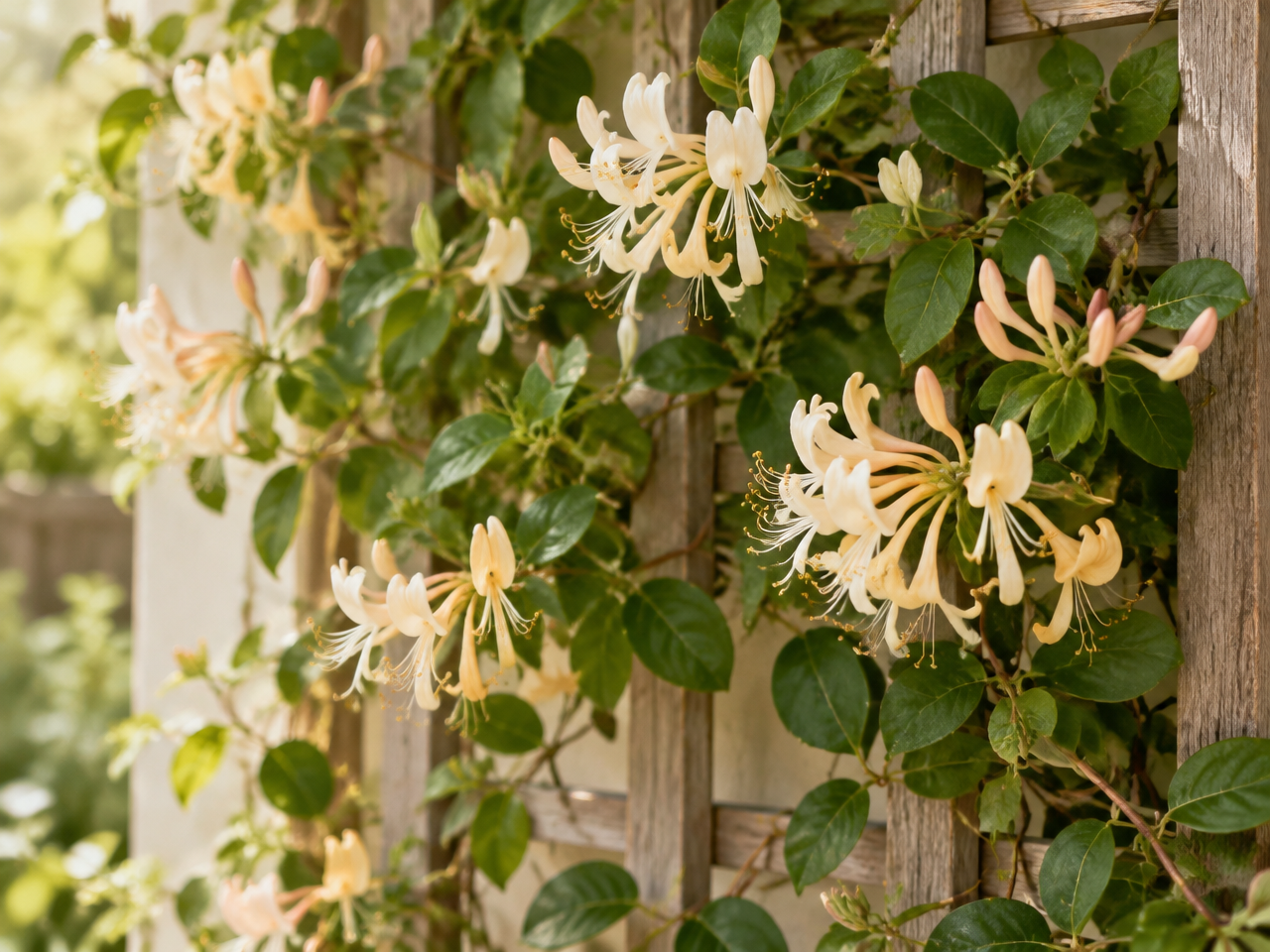 Cream and apricot honeysuckle trumpets twining over a wooden trellis, the secondary June birth flower