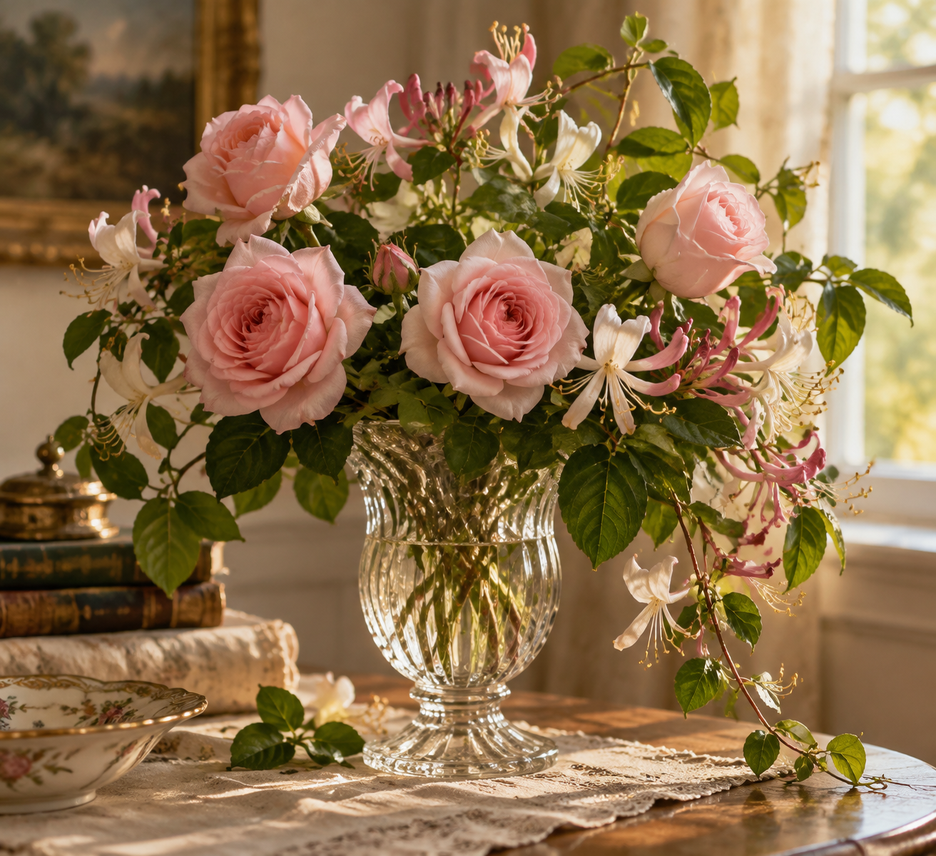 Artificial blush roses and honeysuckle vines in a vintage vase
