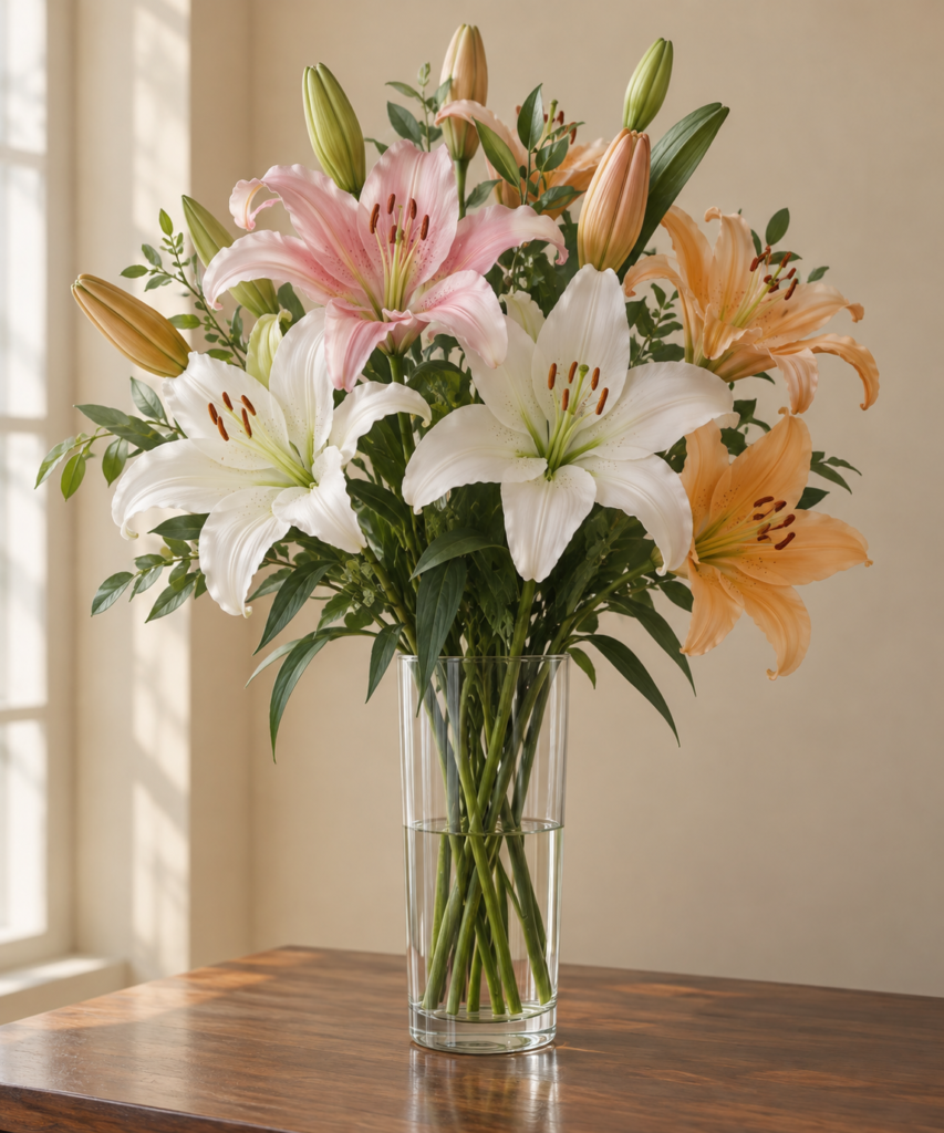 Artificial silk lilies in white, pink and orange in a tall glass vase
