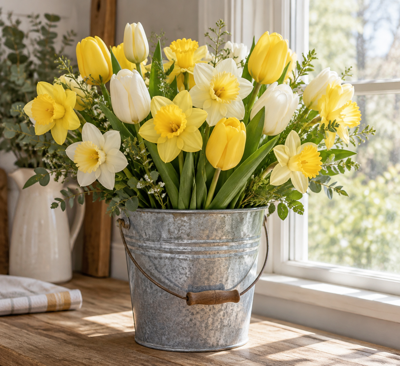 Artificial yellow daffodils and tulips in a pail by a window