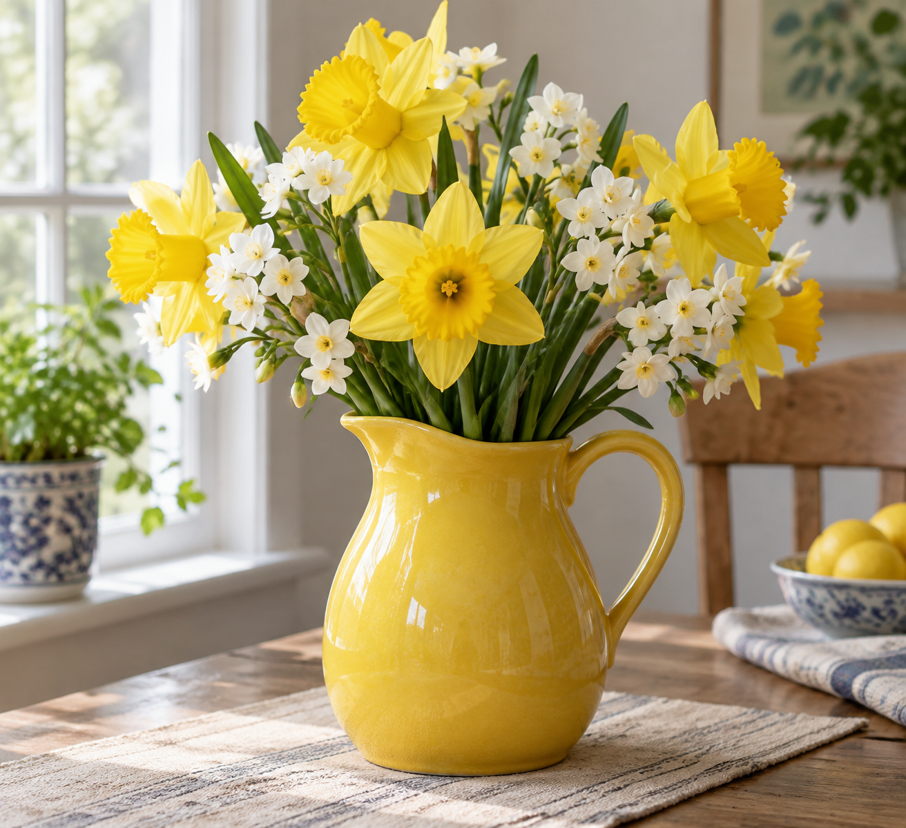 Artificial yellow daffodils and white jonquils in a ceramic pitcher