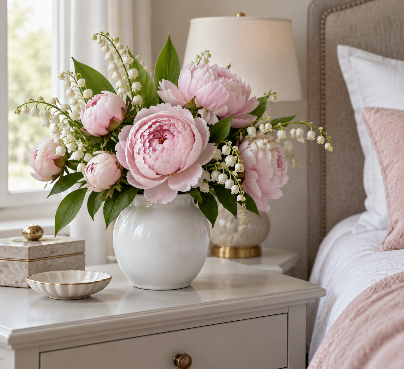 Artificial pink peonies with lily of the valley in a bedside vase