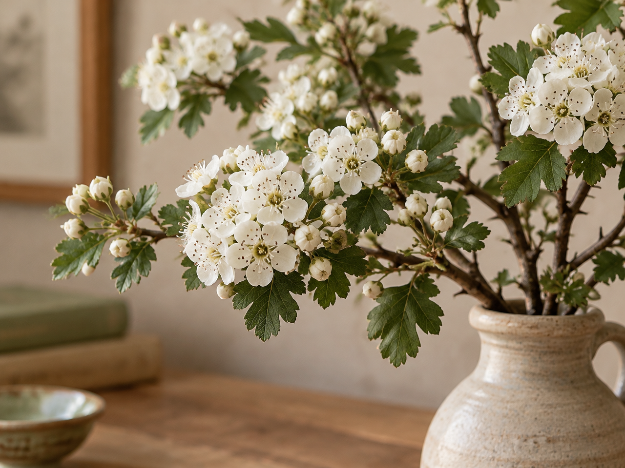 White hawthorn blossom clusters on a spiny branch, the secondary May birth flower