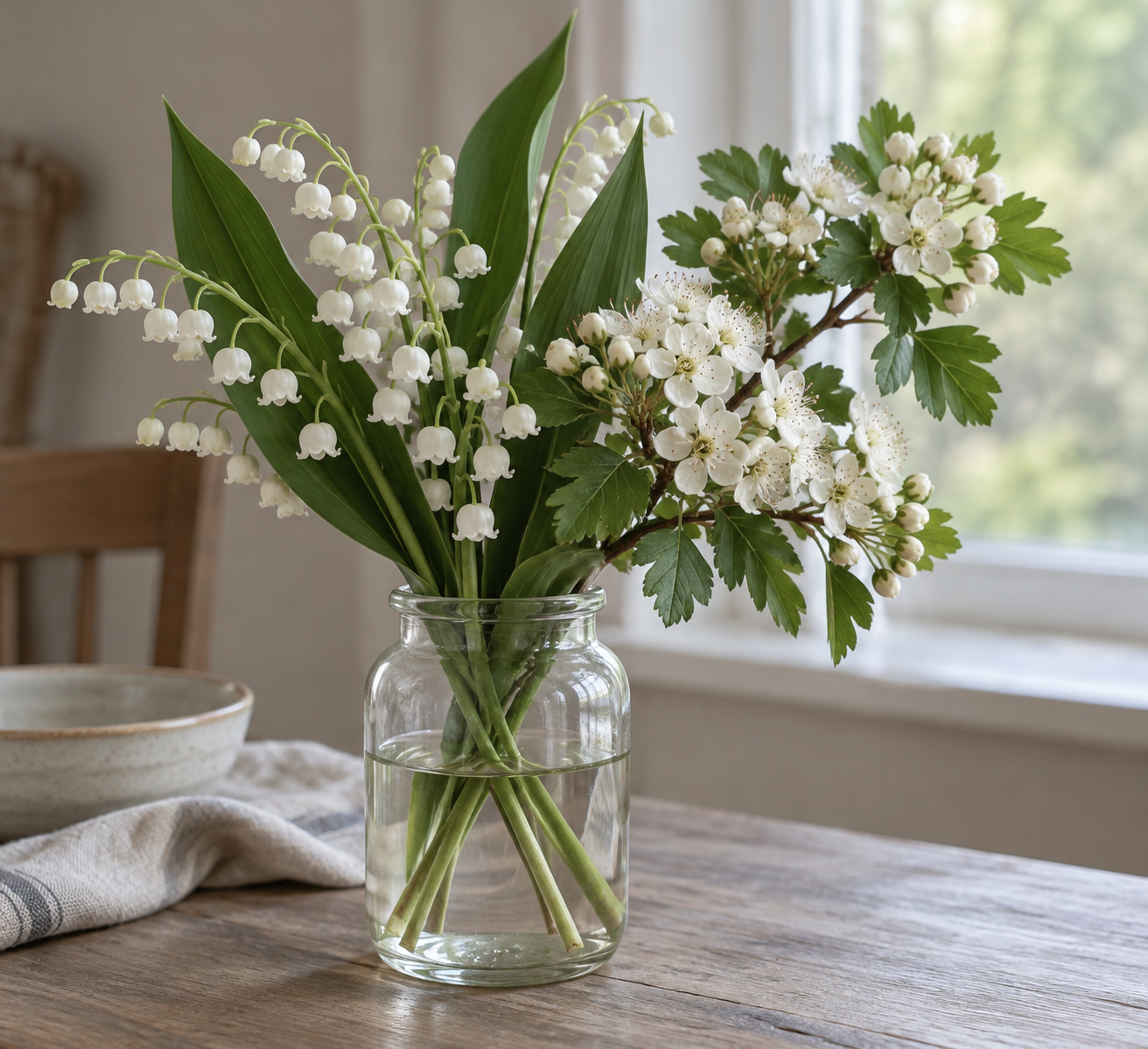 Artificial lily of the valley and hawthorn blossoms in a glass jar
