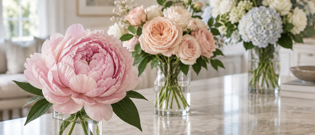 Real-touch peony and rose stems with layered fabric petals arranged at three viewing distances