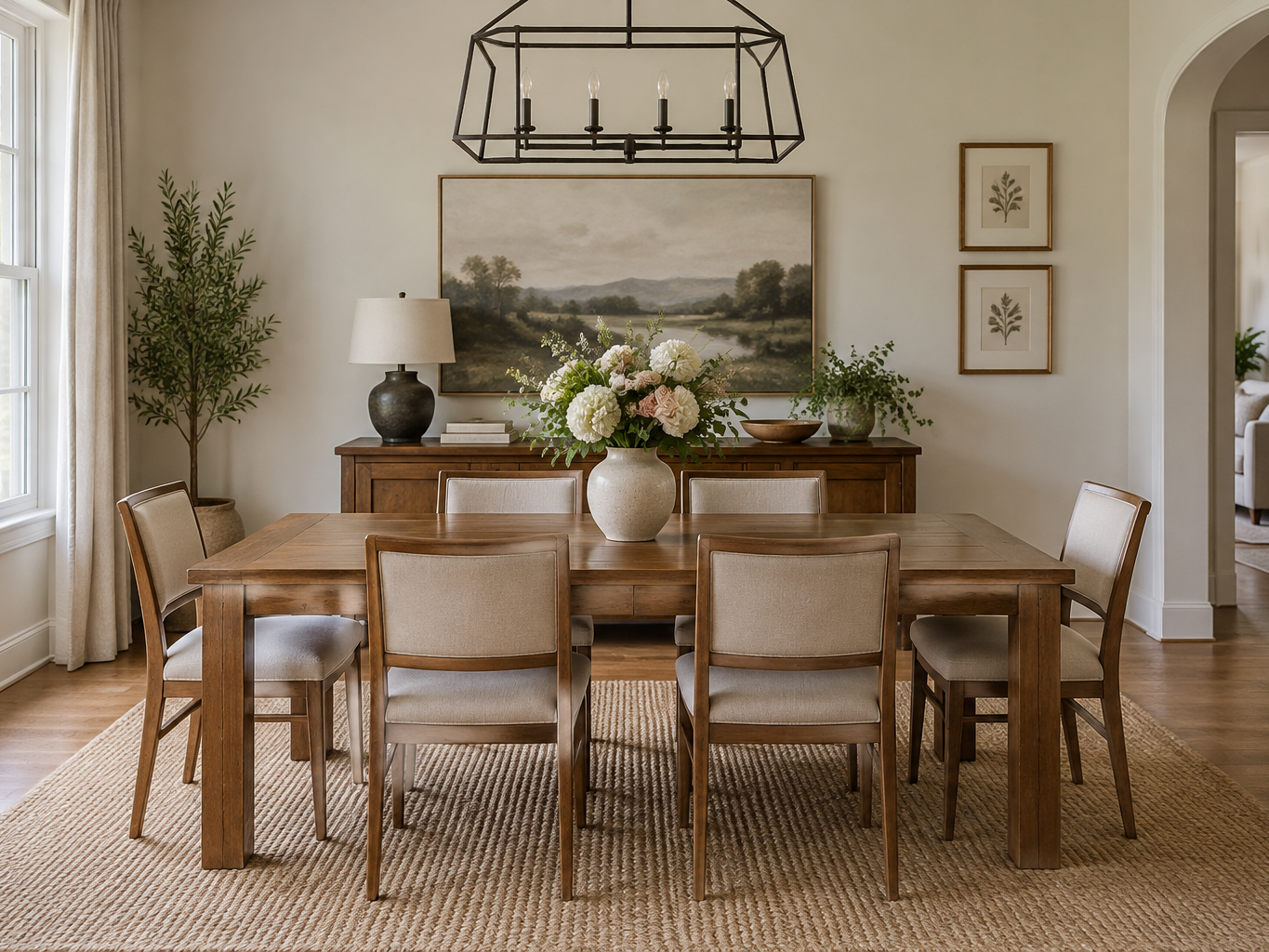 Mixed artificial flower arrangement on a dining table seen from across the room