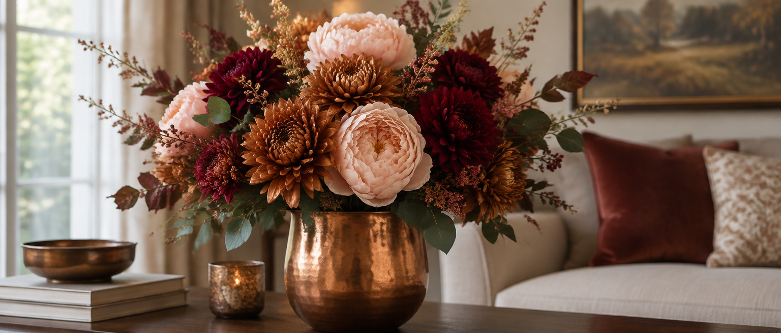 Artificial bronze mums, blush peonies and burgundy in a copper vase
