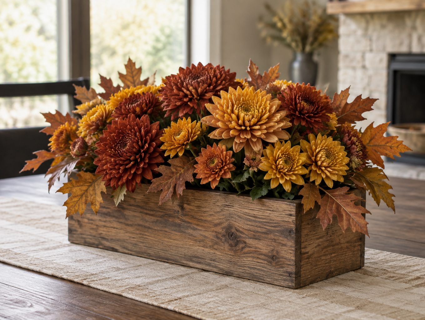 Artificial rust and gold mums with oak leaves in a wood box