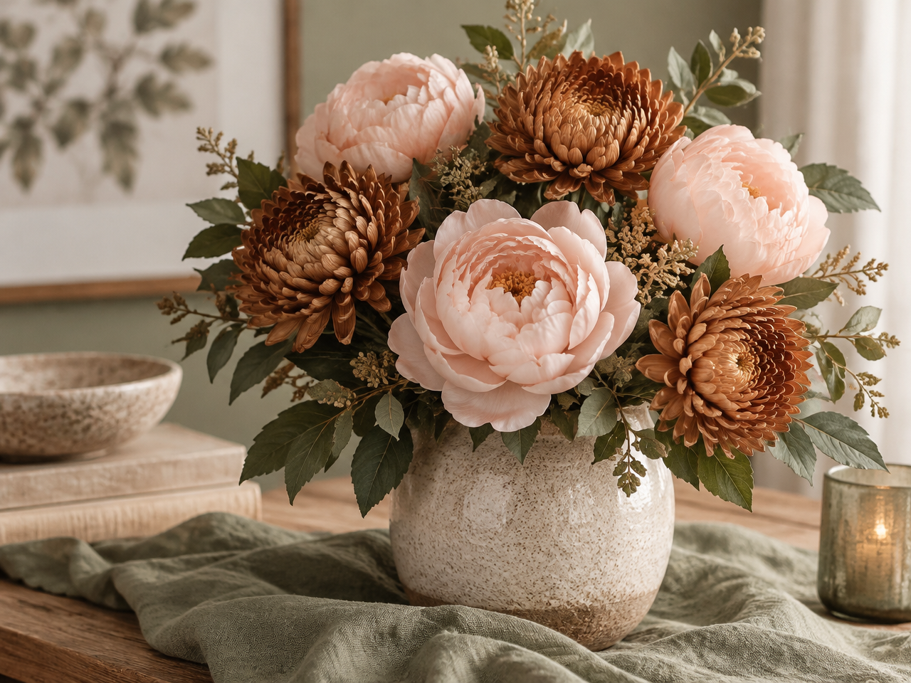 Blush peonies and bronze chrysanthemums arranged together, the secondary November birth flower pairing