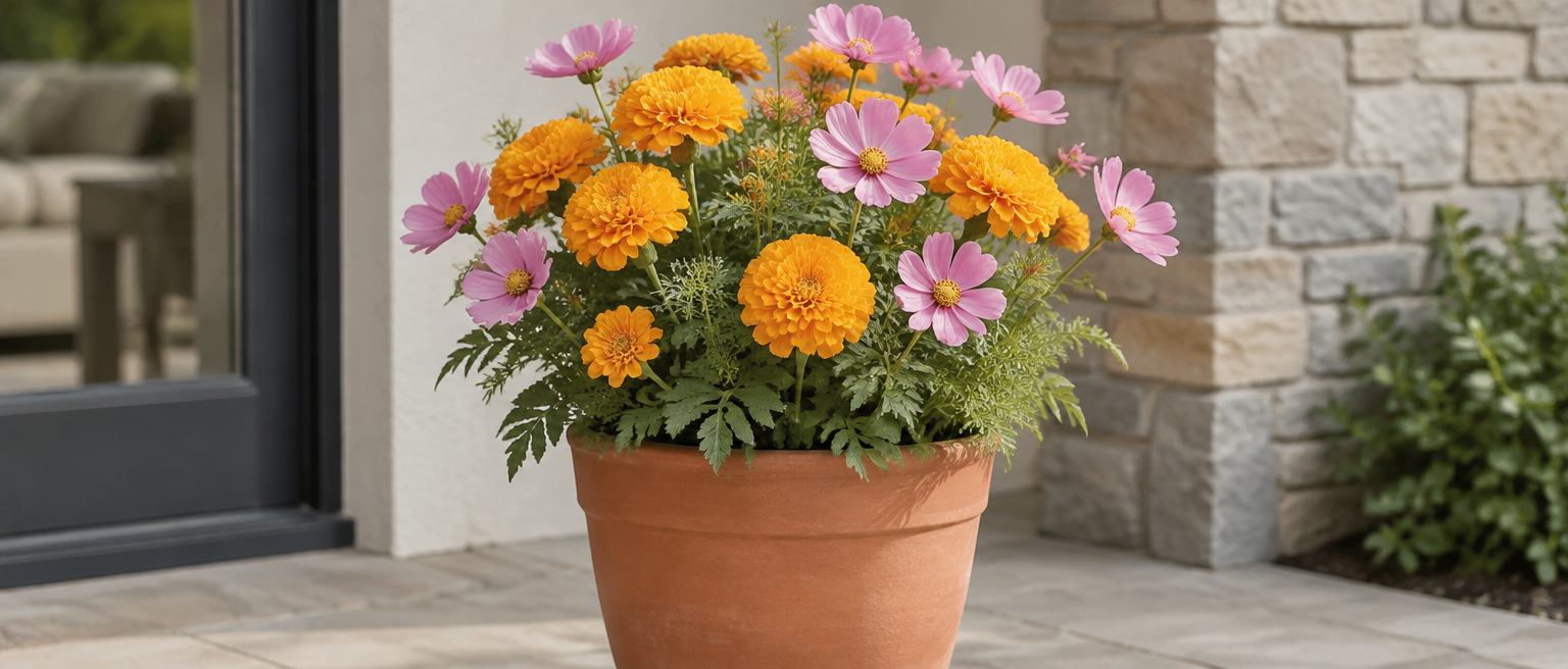 Artificial gold marigolds and pink cosmos in a terracotta pot