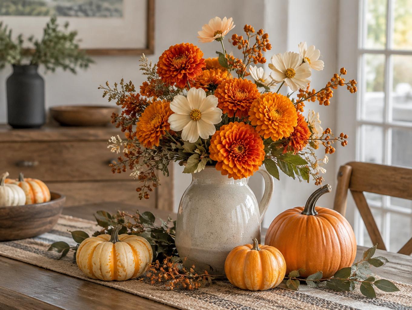 Artificial marigolds and cosmos with small pumpkins on a harvest table