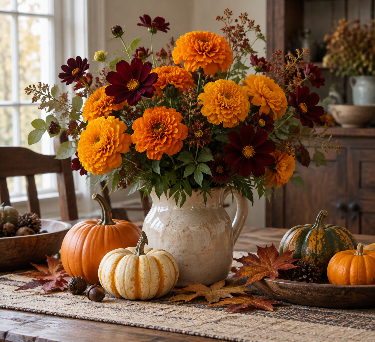 Artificial marigolds and cosmos with small pumpkins on a harvest table