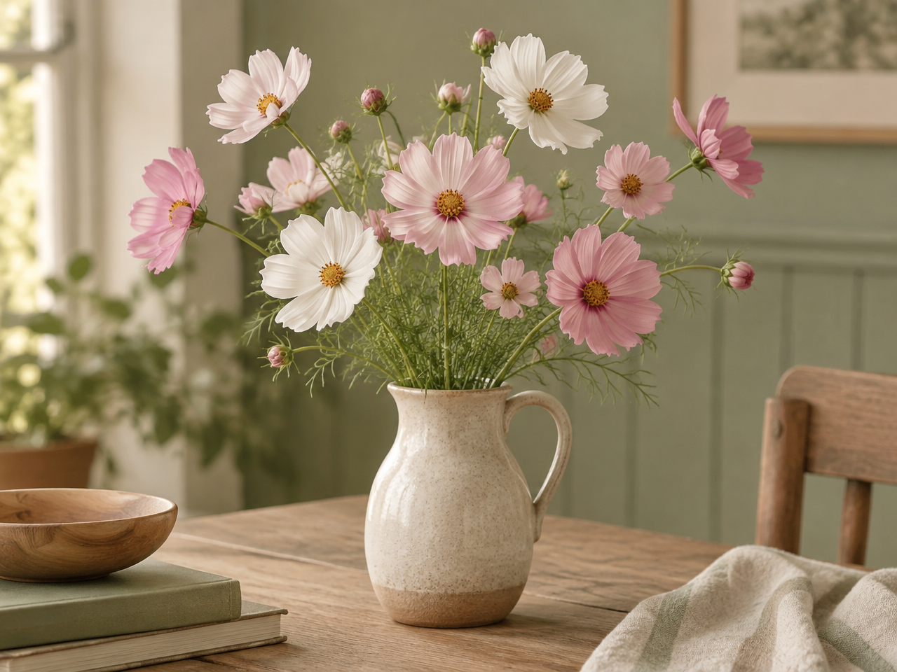 Pink and white cosmos on slender stems in soft light, the secondary October birth flower