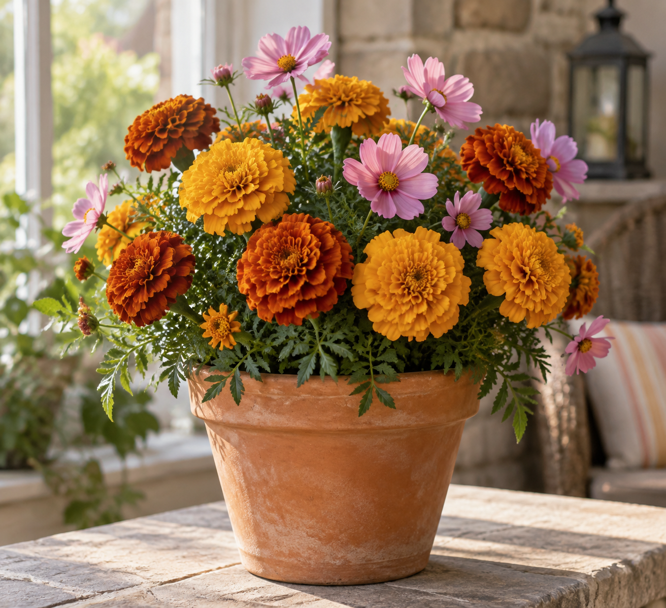Artificial gold marigolds and pink cosmos in a terracotta pot