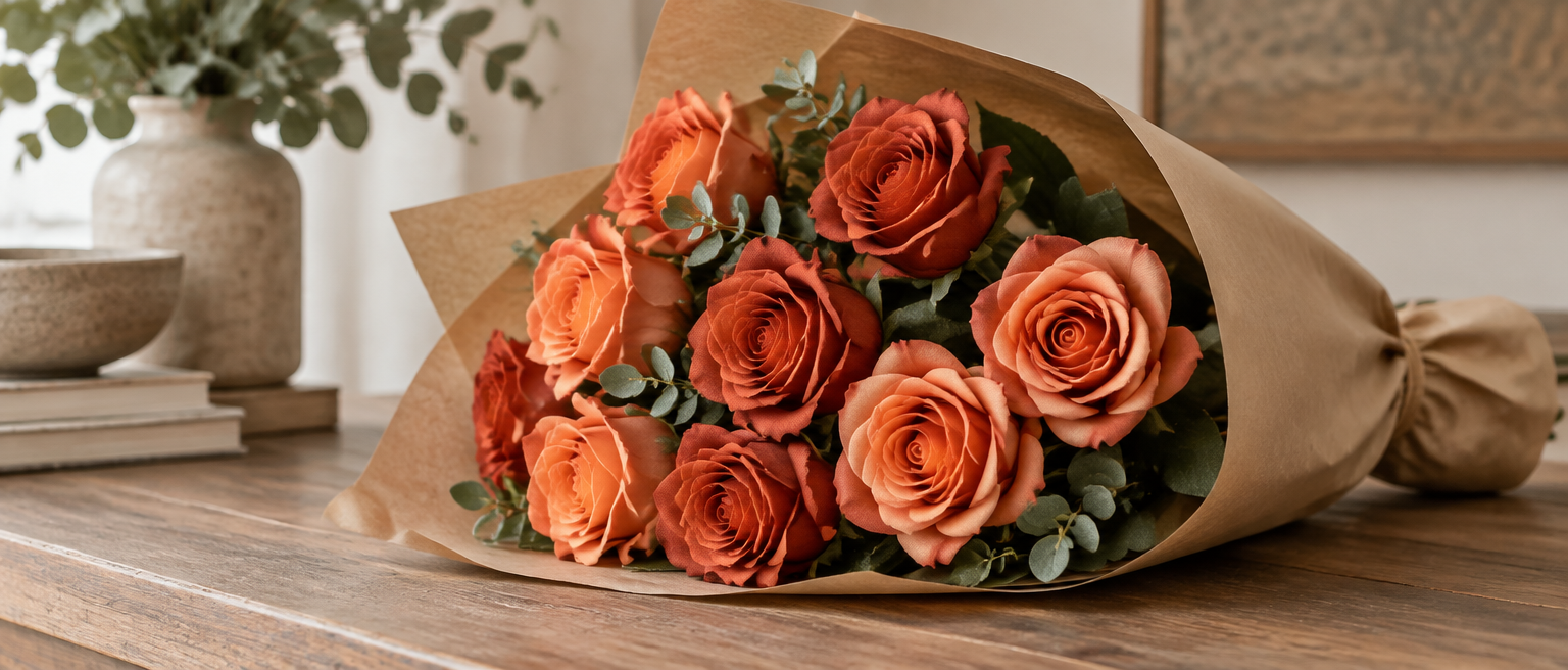 Artificial orange silk roses from coral to burnt orange in kraft paper